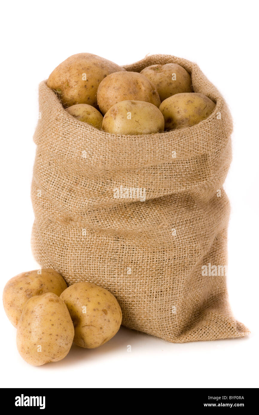 Bolsa de patatas en arpillera agaist fondo blanco. Foto de stock