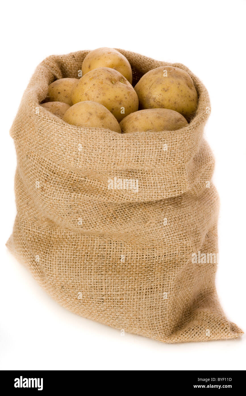 Bolsa de patatas en arpillera agaist fondo blanco. Foto de stock