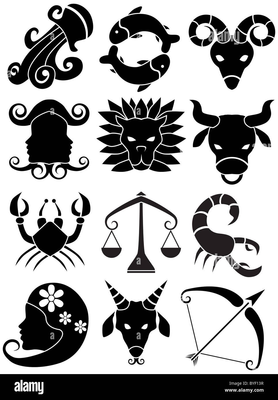 Una imagen de 12 símbolos del zodíaco. Foto de stock