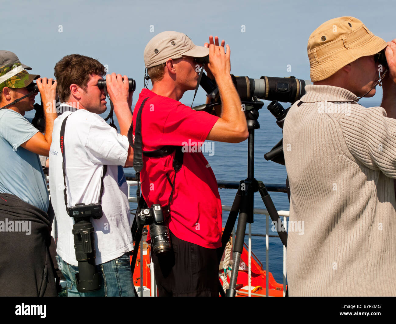Observadores de ballenas en busca de ballenas, delfines y marsopas en un buque en el Golfo de Vizcaya en el océano Atlántico norte Foto de stock