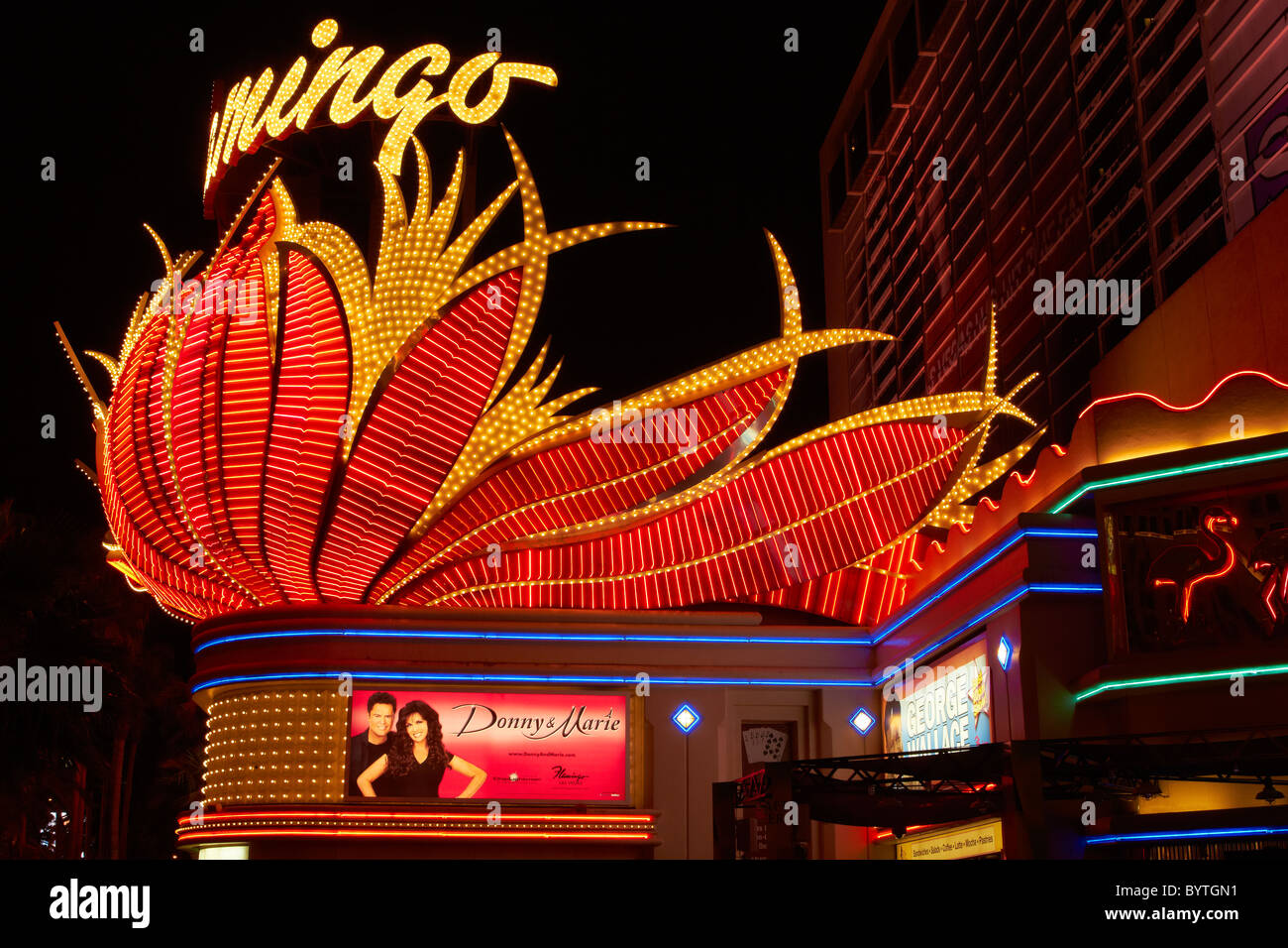Hotel Flamingo Casino - luces de neón - Escena nocturna - Las Vegas Foto de stock