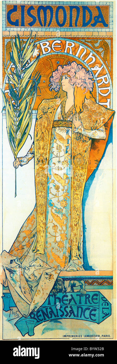 Alphonse Mucha (Alfons Maria) 1860 - 1939, Playbill poster Sarah Bernhardt en Gismonda Théâtre de la Renaissance 1894 Foto de stock