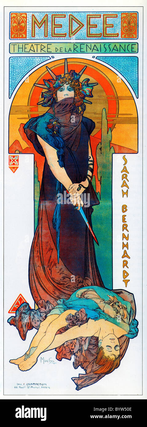 Alphonse Mucha (Alfons Maria) 1860 - 1939, Playbill poster Sarah Bernhardt en Medee Théâtre de la Renaissance 1898 Foto de stock