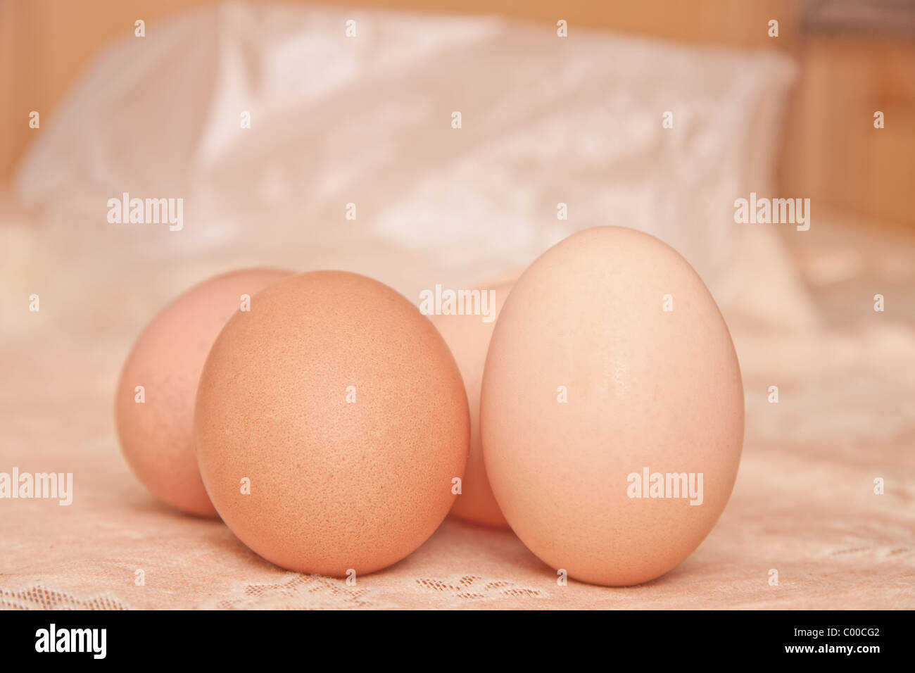Primer plano de huevos de gallina, Foto de stock