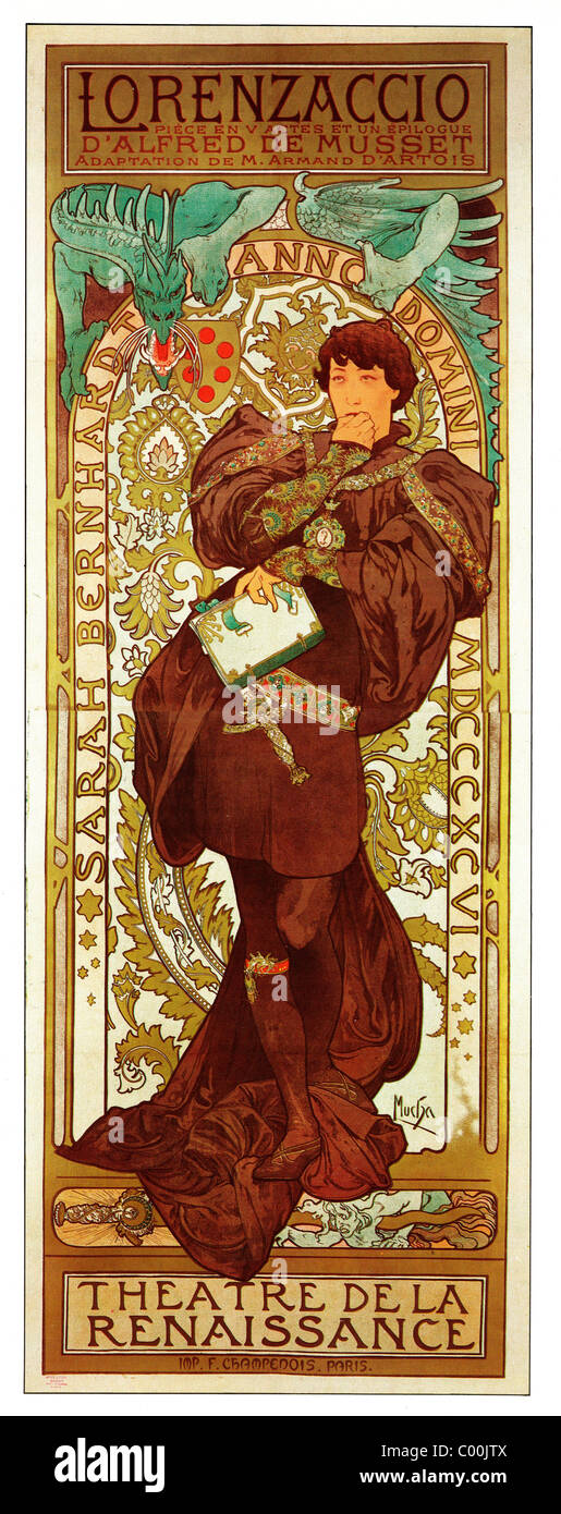 Alphonse Mucha (Alfons Maria) 1860 - 1939, Playbill poster Sarah Bernhardt en Lorenzaccio Théâtre de la Renaissance 1896 Foto de stock