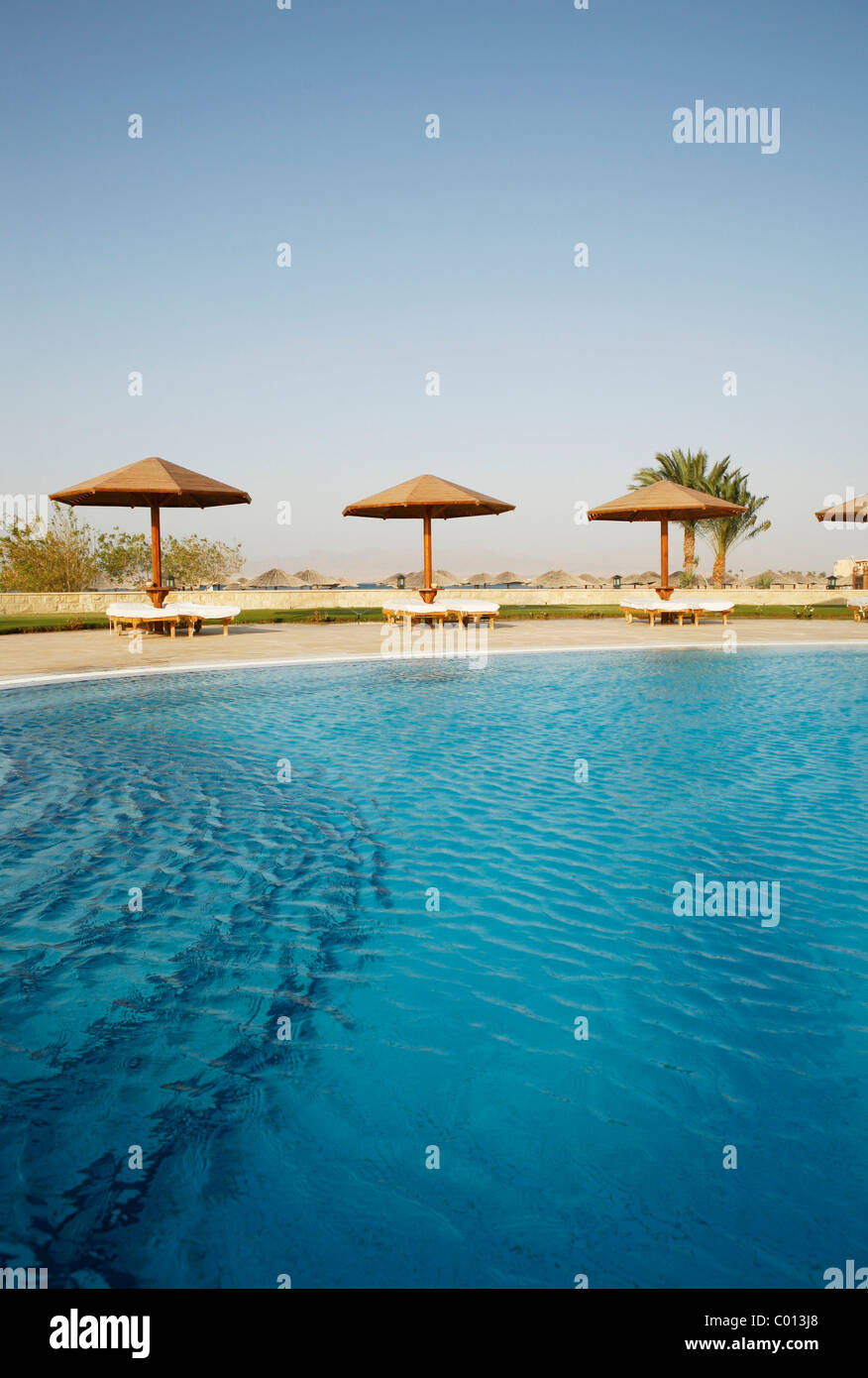 Piscina con una superficie de agua azul, hamacas y sombrillas, Soma Bay, Mar Rojo, Egipto, África Foto de stock