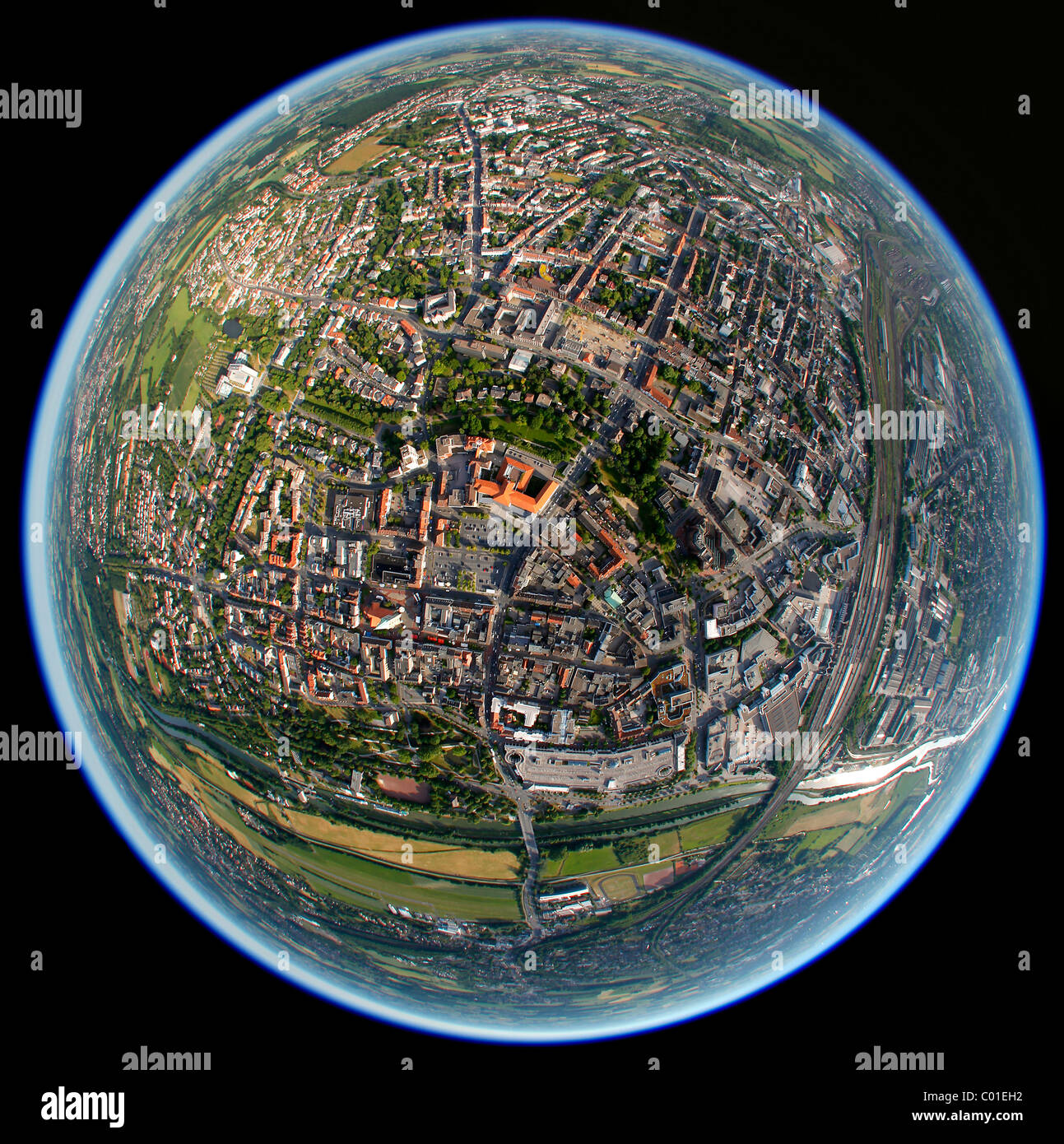 Vista aérea, lente ojo de pez, Hamm, Renania del Norte-Westfalia, Alemania, Europa Foto de stock