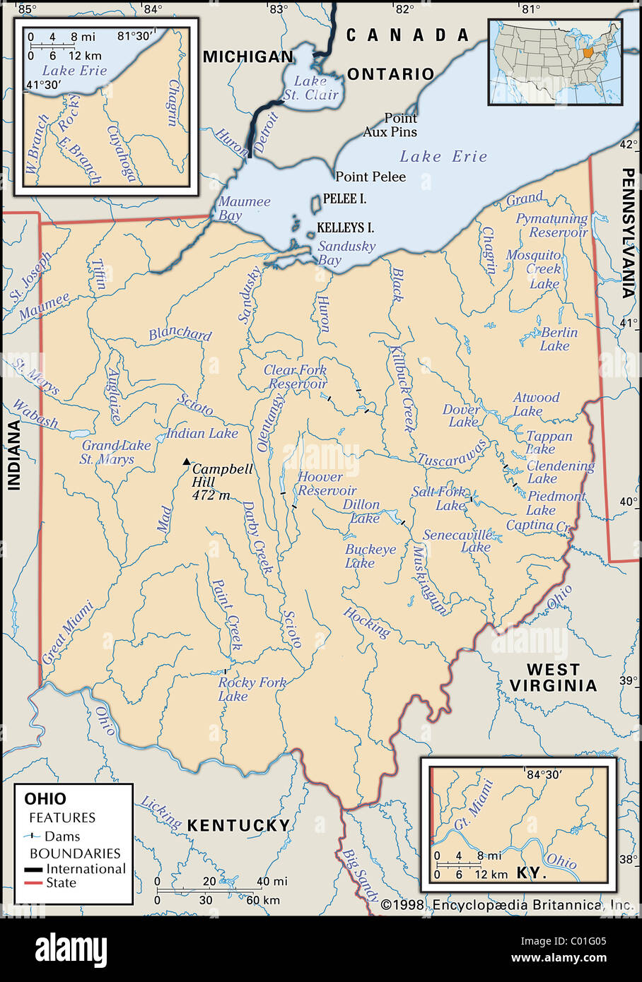 Mapa Físico de Ohio. Foto de stock