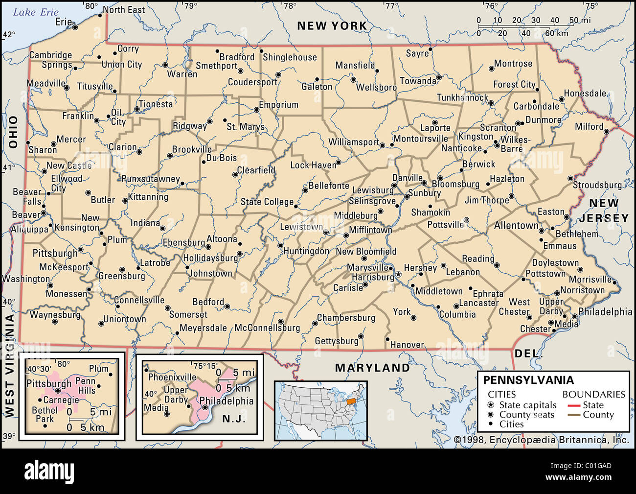 Mapa político de Pennsylvania Foto de stock