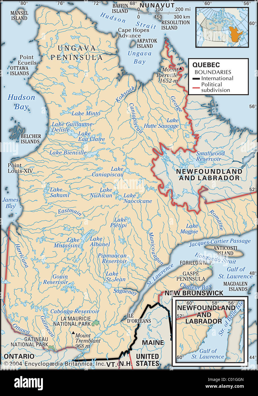 Mapa Físico de Quebec Foto de stock