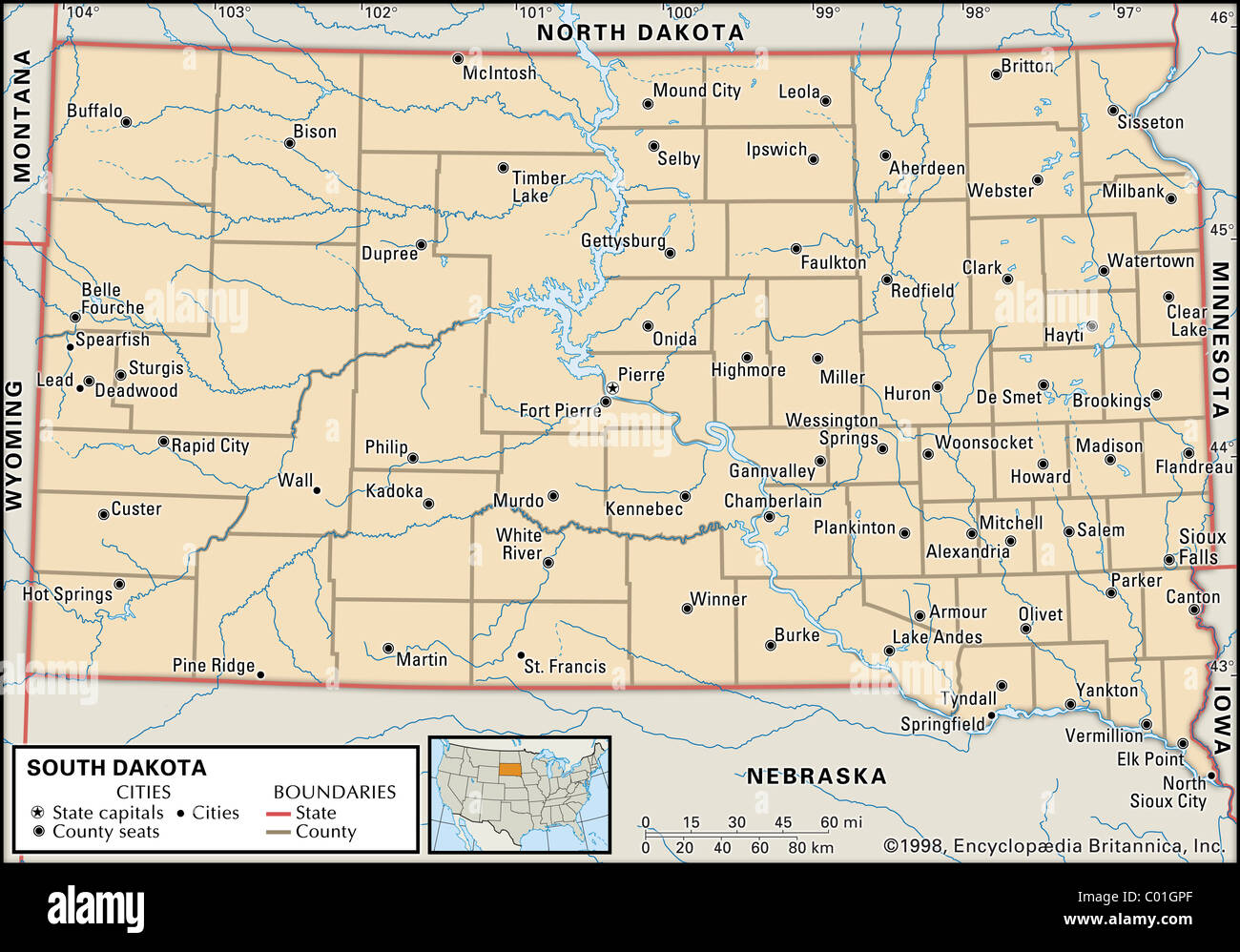 Mapa de South Dakota Foto de stock