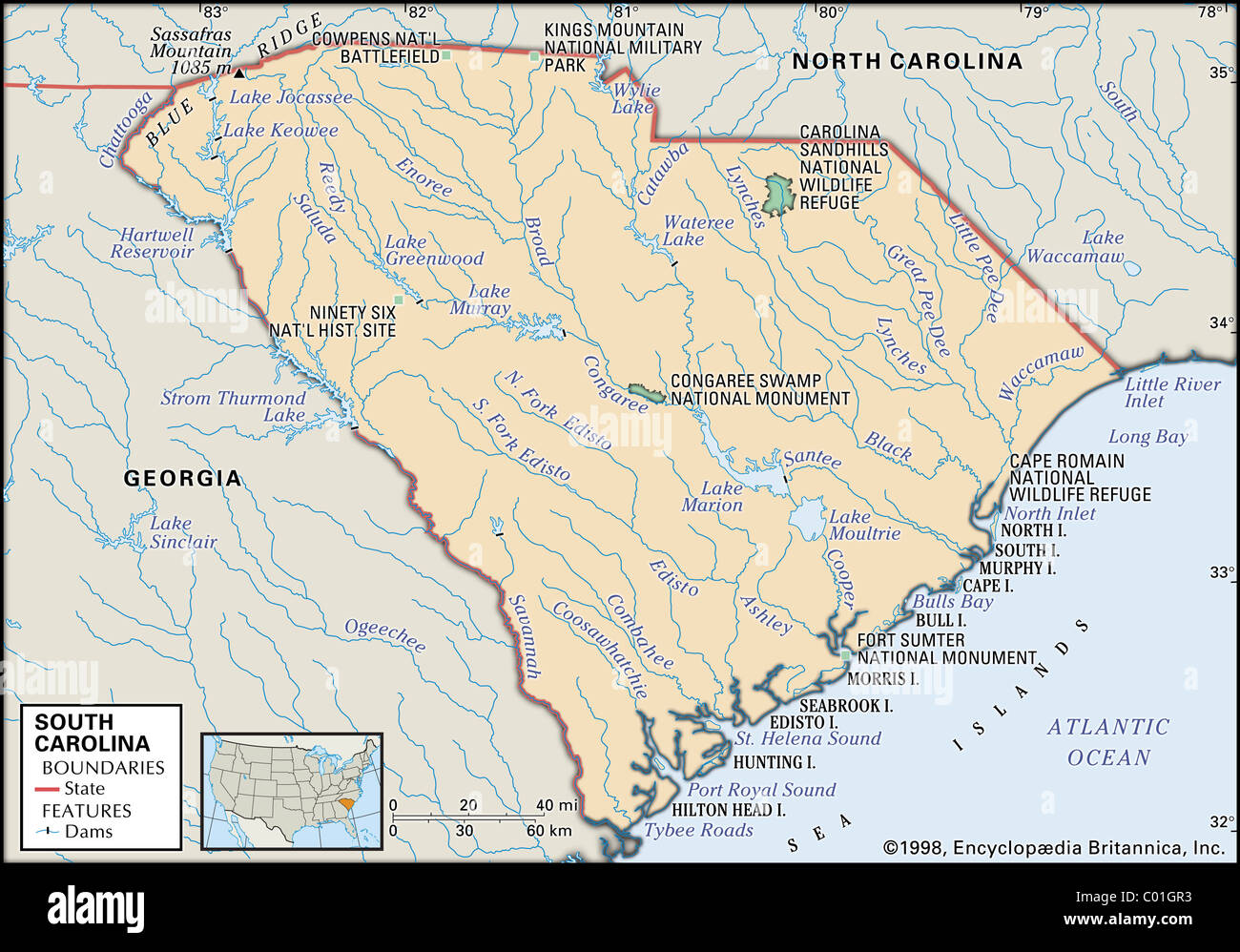 Mapa Físico de Carolina del Sur Foto de stock