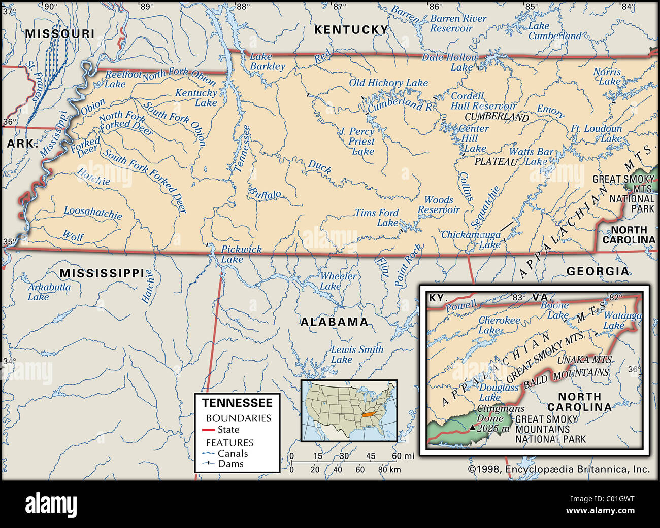 Mapa Físico de Tennessee Foto de stock