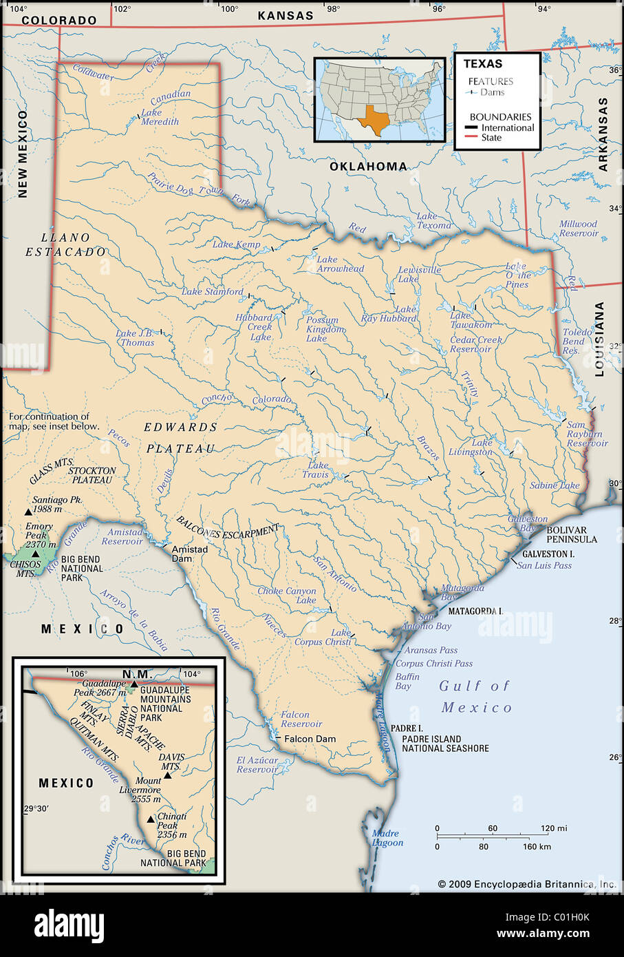 Mapa Físico de Texas Foto de stock