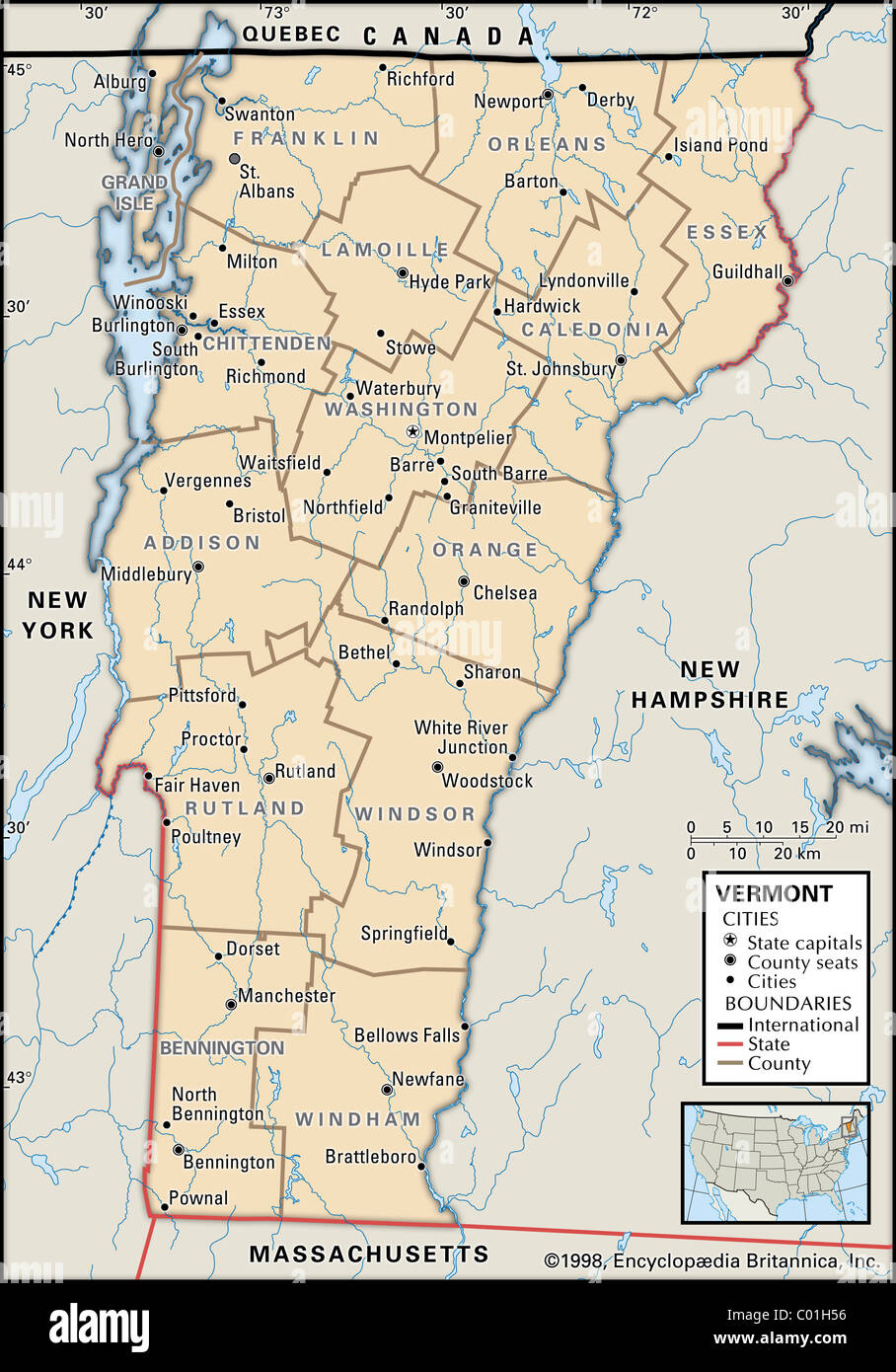 Mapa político de Vermont Foto de stock