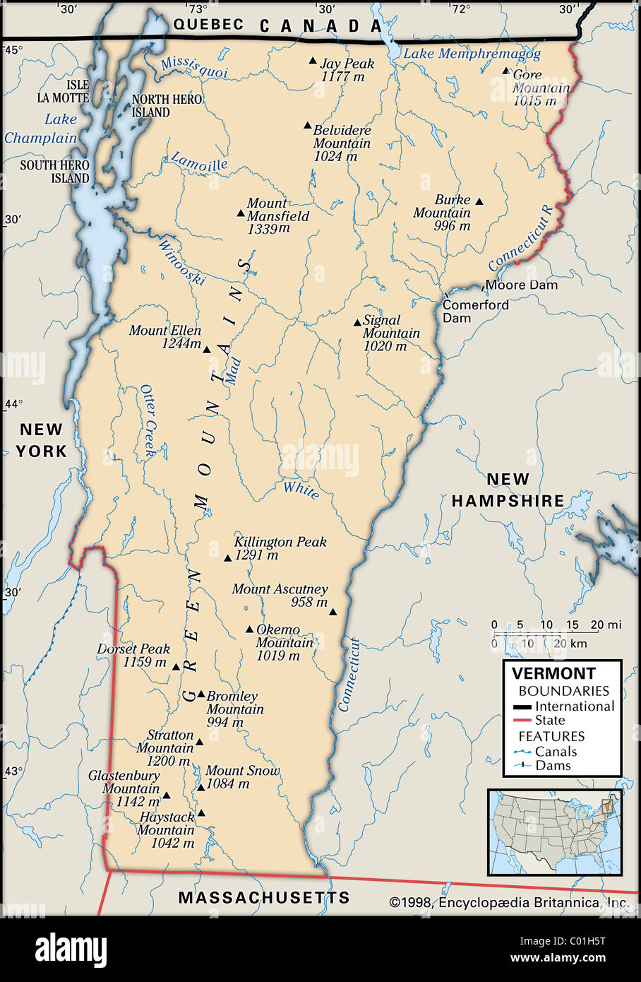 Mapa Físico de Vermont Foto de stock