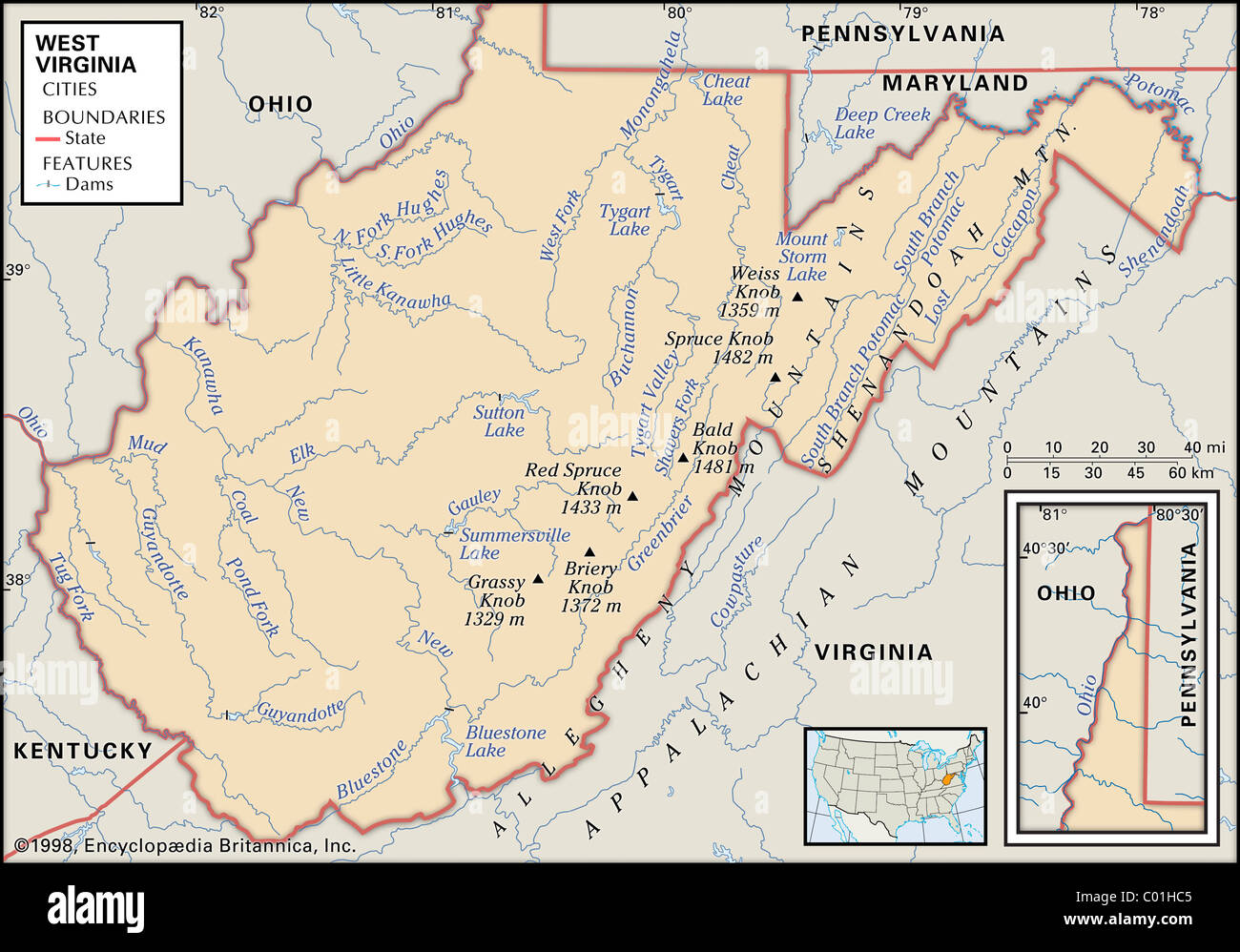 Mapa Físico de West Virginia Foto de stock