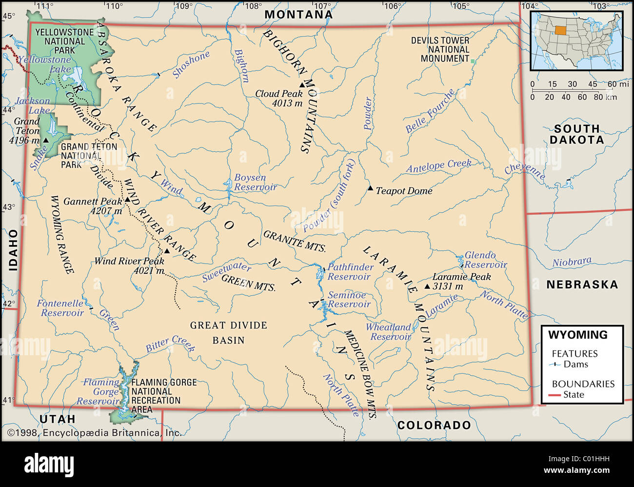Mapa Físico de Wyoming Foto de stock