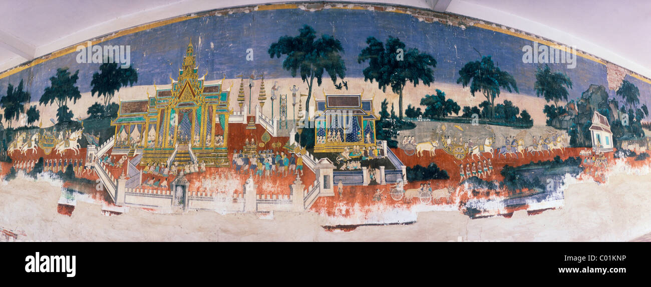 Ramayana murales del Palacio Real, en Phnom Penh, Camboya, en Indochina, en el sudeste de Asia, Asia Foto de stock