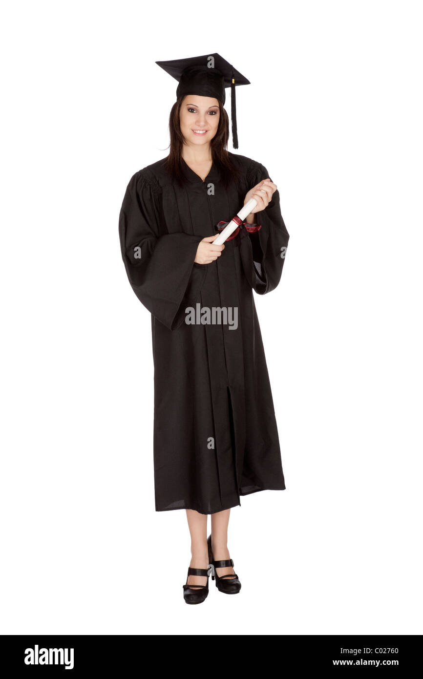 Hermosa mujer caucásica posando en una toga de graduación negro Fotografía  de stock - Alamy