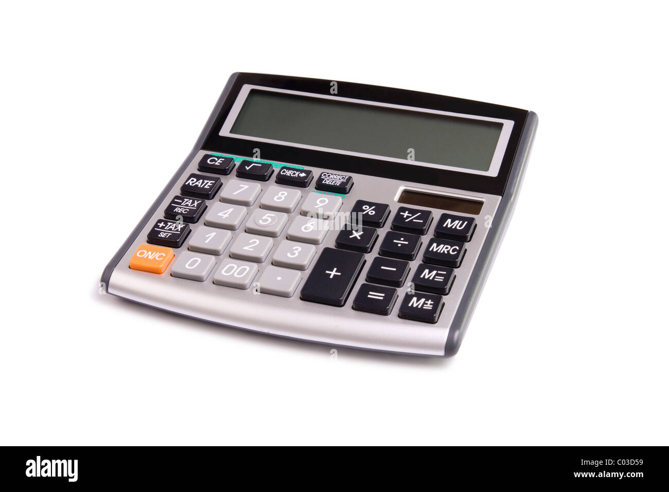 Una pequeña calculadora, aislado en un fondo blanco. Foto de stock