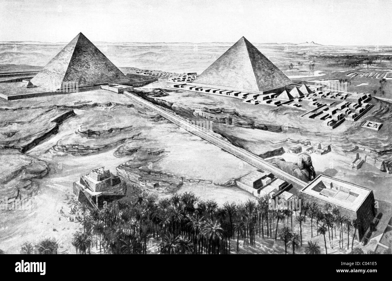 Principios de 1920 Esta ilustración muestra la primera y segunda pirámides de Giza en el Bajo Egipto, con la gran Esfinge en primer plano. Foto de stock