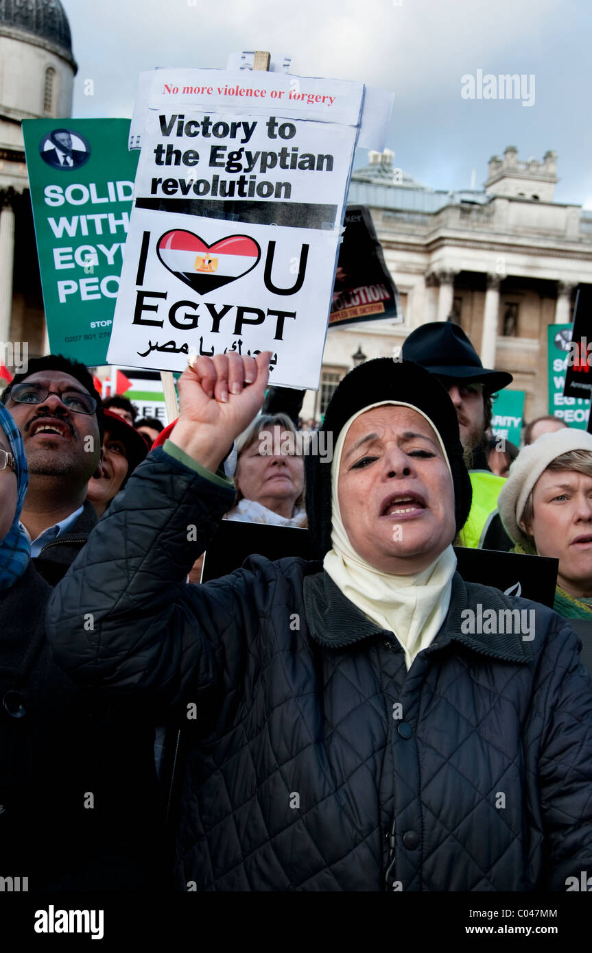 Celebración de la victoria de Egipto sobre la renuncia de Mubarak organizada por Amnistía Internacional Trafalgar Square, Londres, Gran Bretaña. Foto de stock