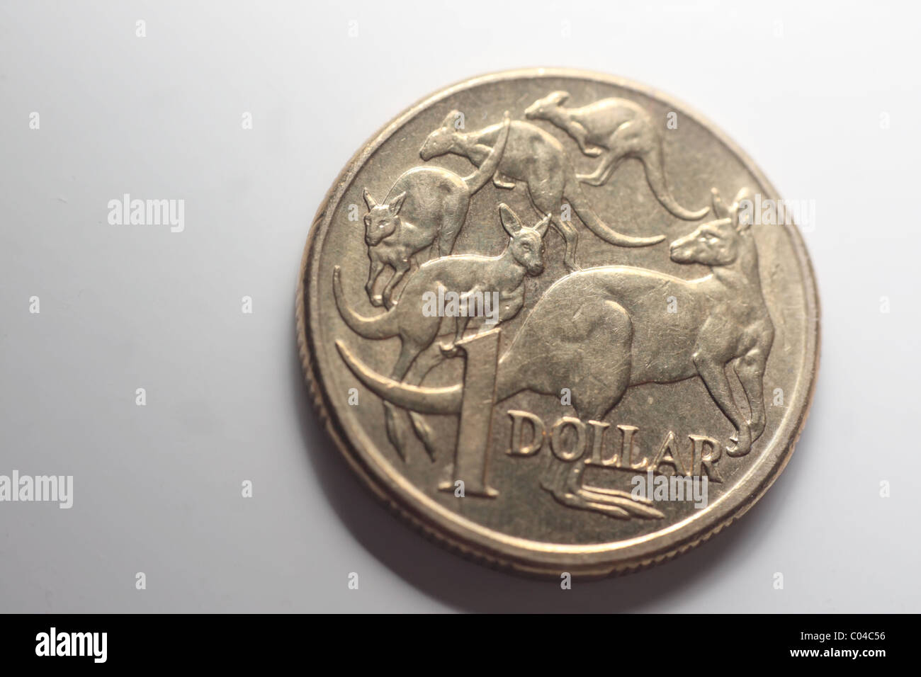 Jumping Kangaroo en monedas de un Dólar australiano Foto de stock