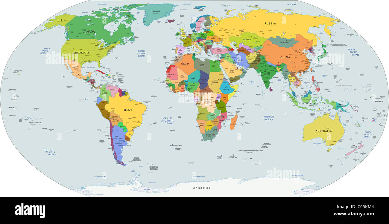 Mapa político mundial del mundo, capitales y principales ciudades