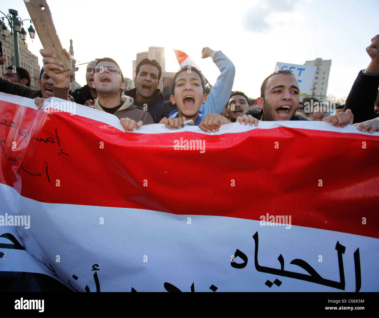 Los disturbios civiles en El Cairo, Egipto, 31 de enero de 2011. Foto de stock