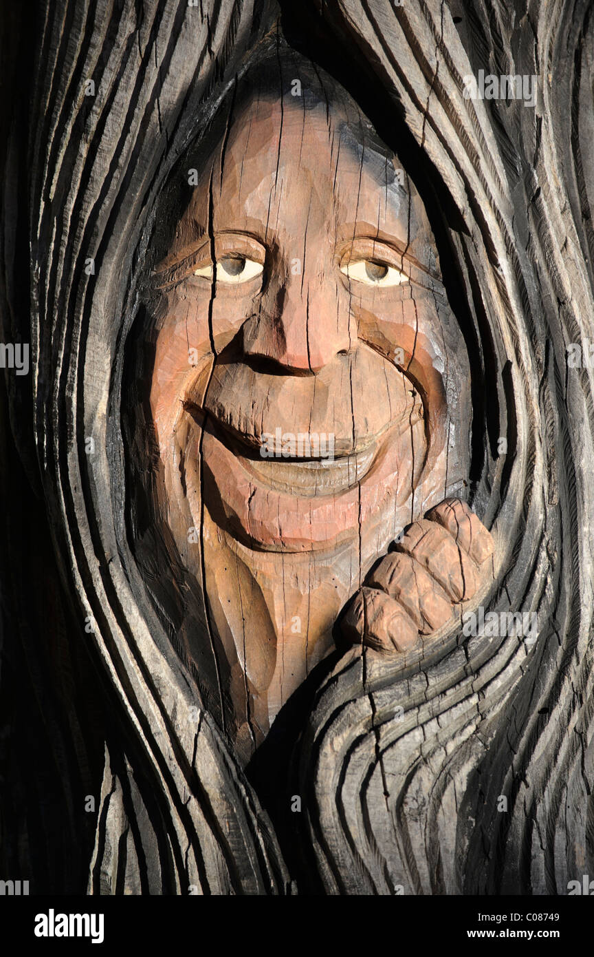 Hombre dentro de un árbol tallado en madera, un espíritu del bosque envuelto en corteza de árbol, una personificación de la naturaleza con una feliz sonrisa. Foto de stock