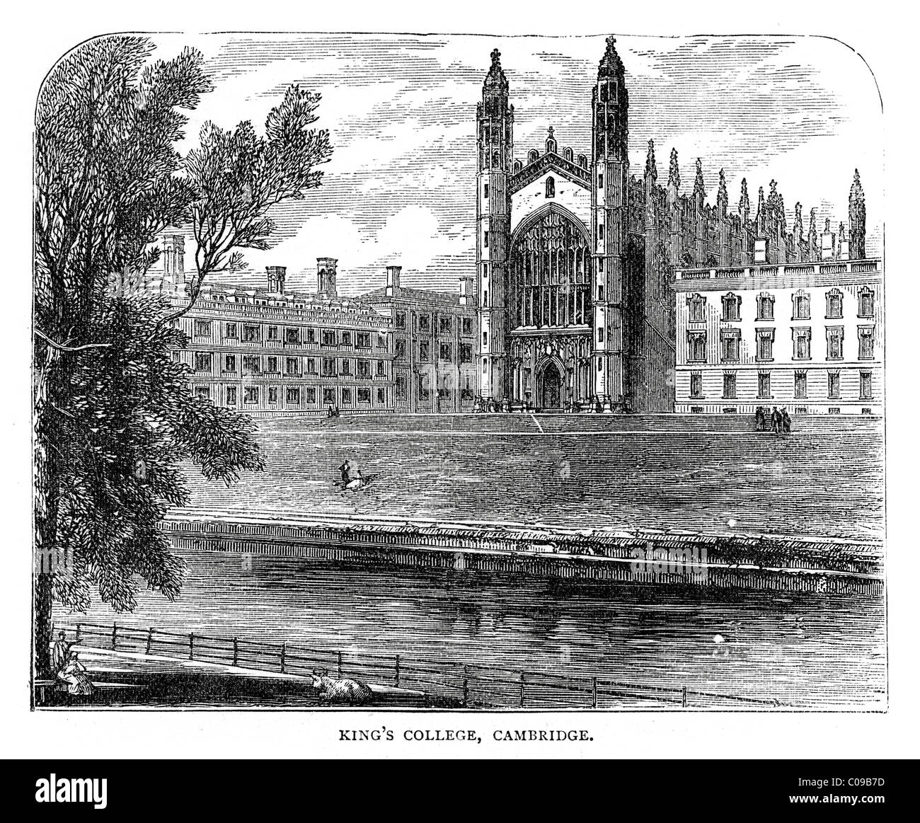 Vintage grabado de King's College de Cambridge en el siglo XIX. Foto de stock