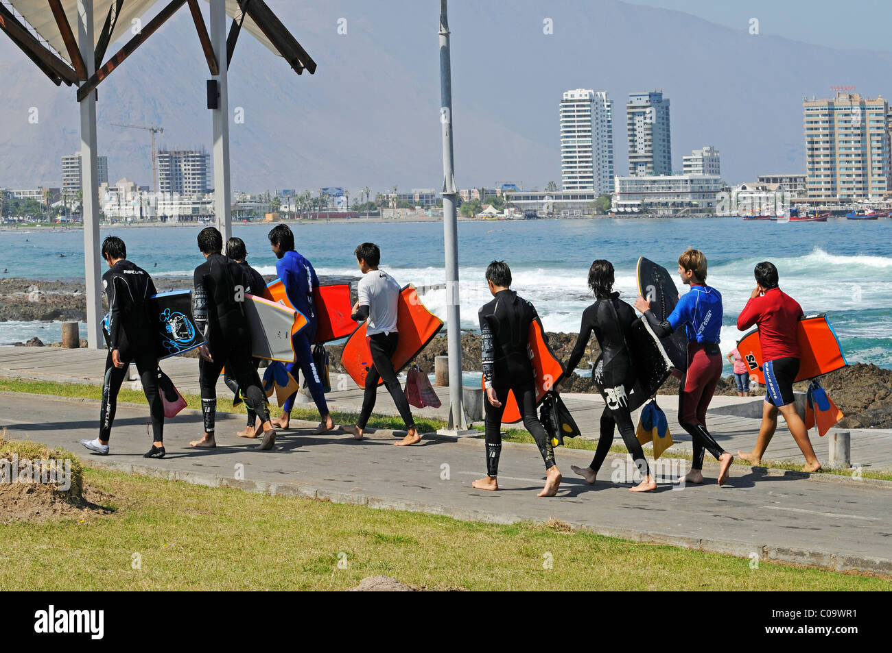 Grupo de surfistas con tablas de surf, paseo marítimo costero de