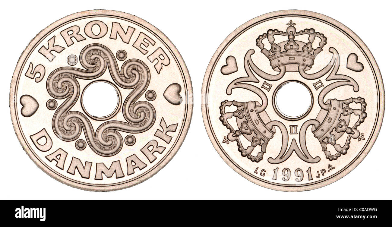 Moneda de 5 Coronas danesas desde 1991 Foto de stock