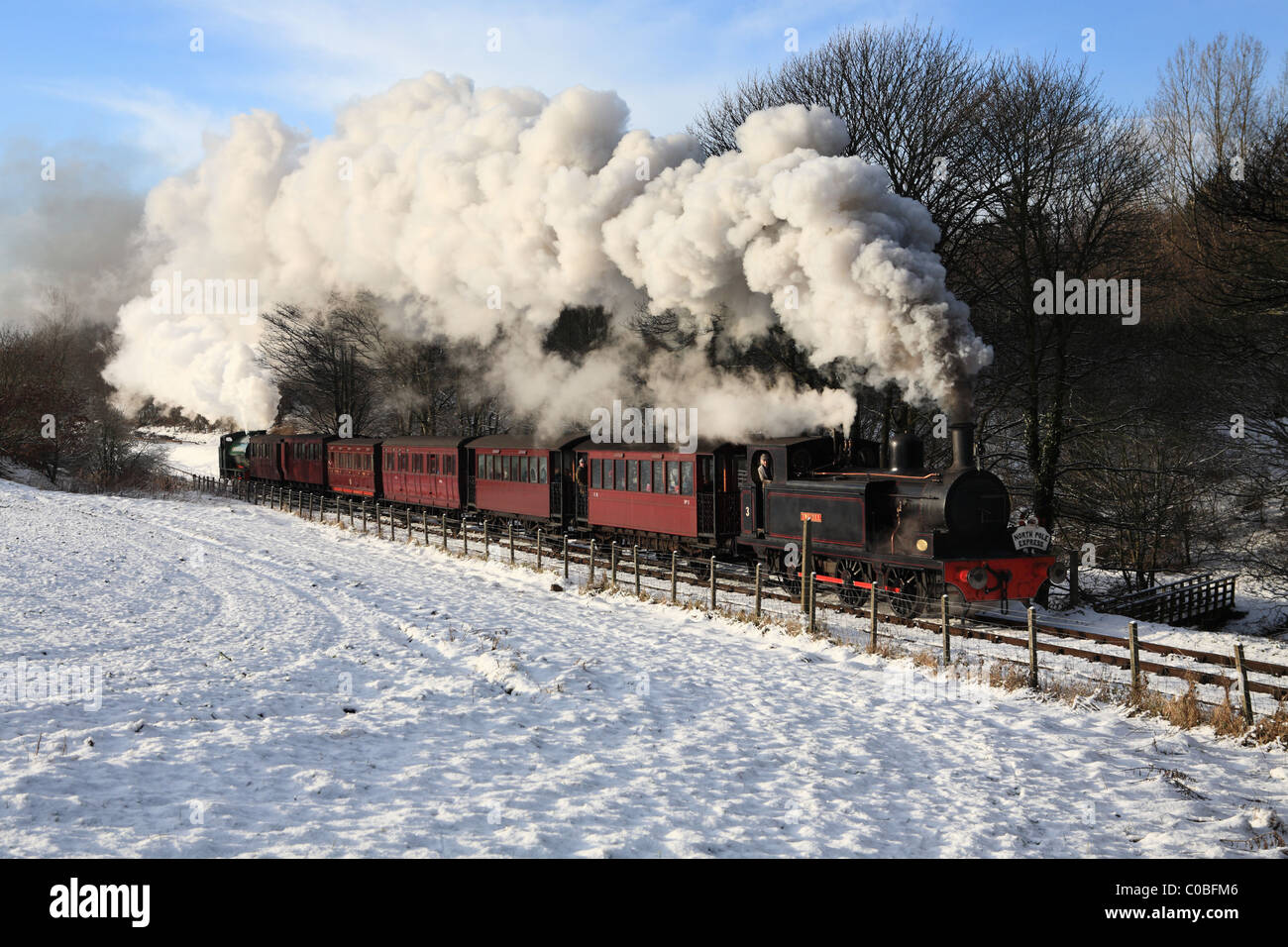 La Santa especial o Polo Norte Express en el Tanfield Railway ejecuta a través de un paisaje cubierto de nieve. El Noreste de Inglaterra, Foto de stock