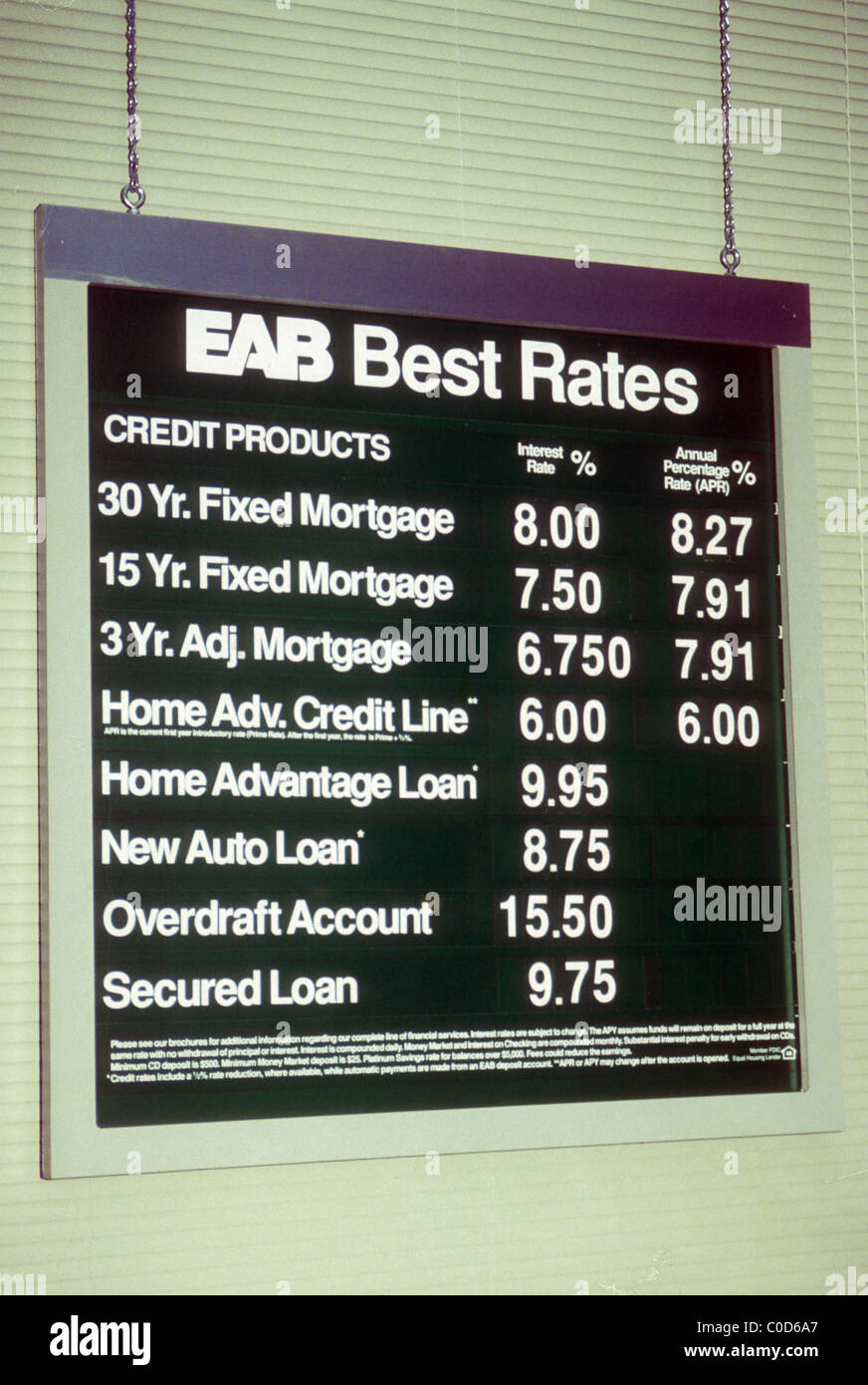 Banco europeo-americana (EAB) las tasas de interés de un préstamo visto en Nueva York en 1994. En 2001 Citibank adquirió EAB. (© Richard B. Levine) Foto de stock