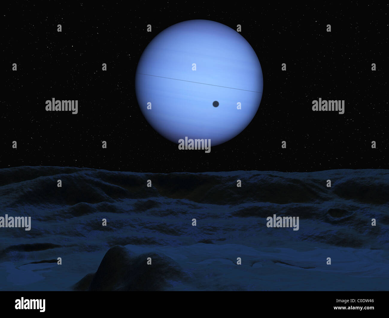 El concepto de artista de Neptuno, como se ve por su mayor luna Tritón. Foto de stock