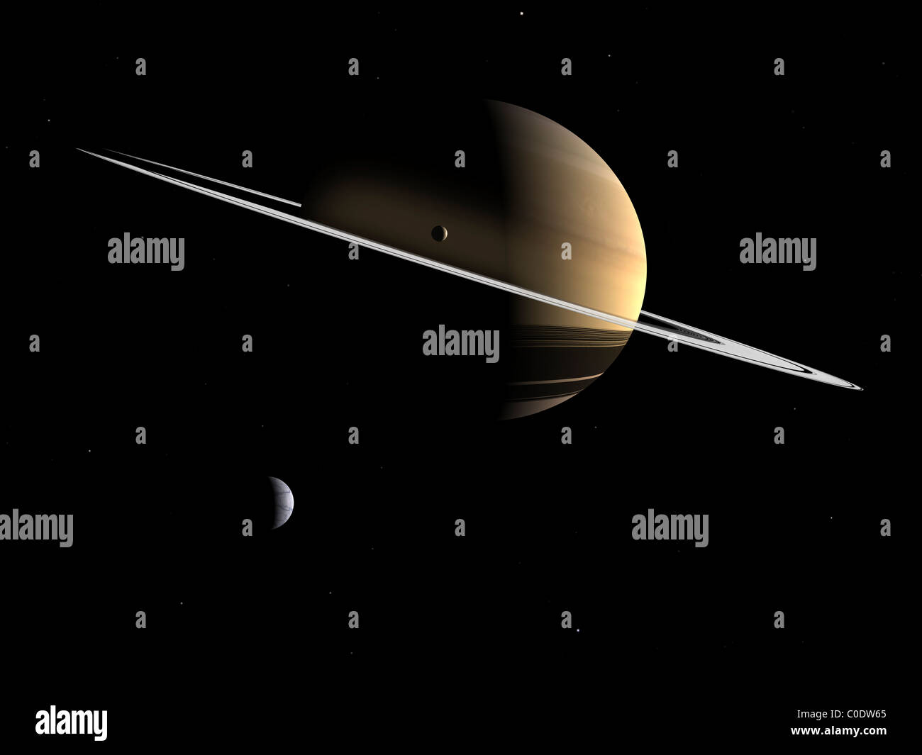Concepto artístico de Saturno y sus lunas Dione y Tetis. Foto de stock
