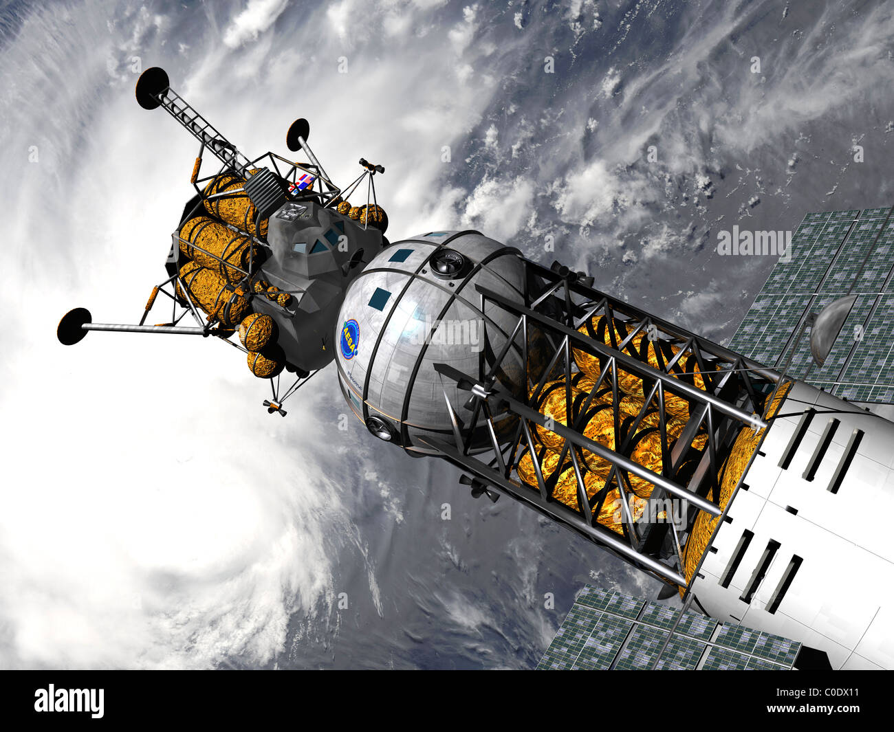 Concepto artístico de un remolcador espacial acoplado a un módulo lunar. Foto de stock