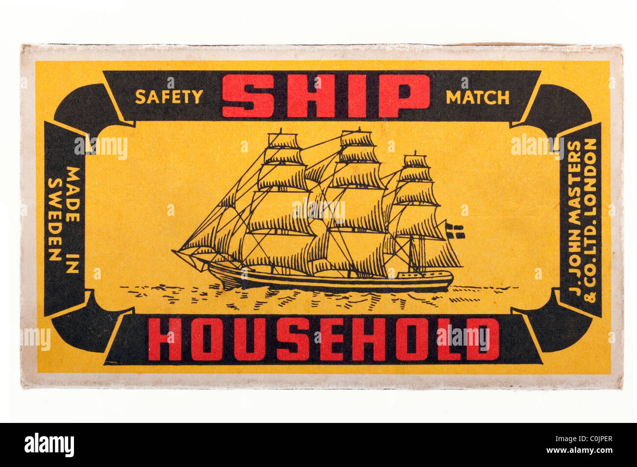 Vintage antiguo hogar matchbox etiqueta para la seguridad coinciden con barco fabricado en Suecia. Sólo EDITORIAL Foto de stock