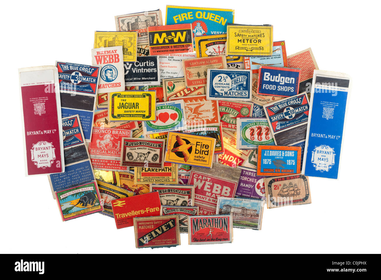 Montón de vintage matchbox etiquetas frontales. Sólo EDITORIAL Foto de stock