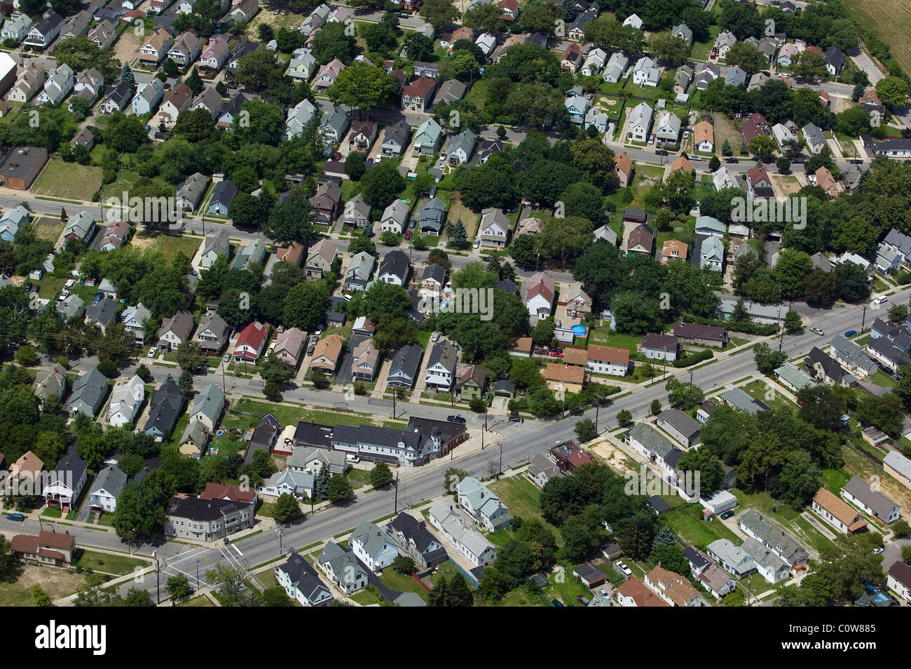 Vista aérea sobre barrio residencial Cleveland Ohio Foto de stock