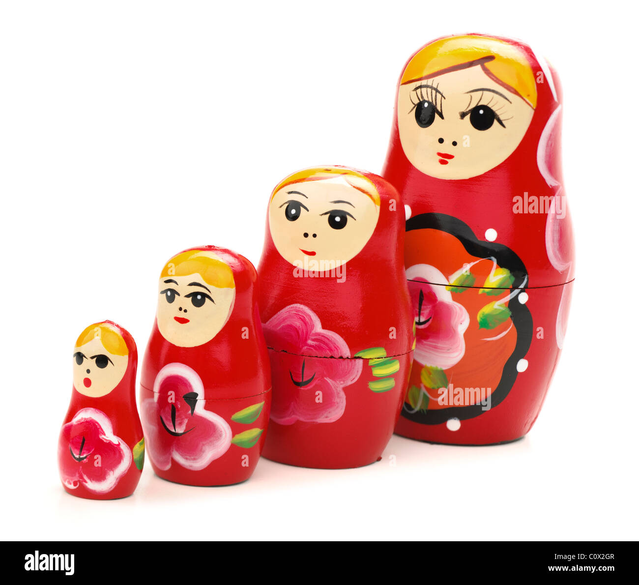 Conjunto de cuatro rojo muñecas rusas. Foto de stock