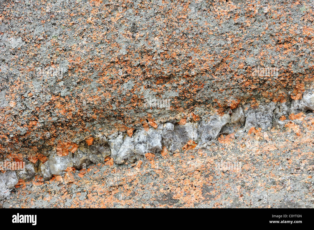 Capa de roca de granito, cuarzo en Costa de Granito Rosa, de Ploumanac'h, Bretaña, Francia Foto de stock