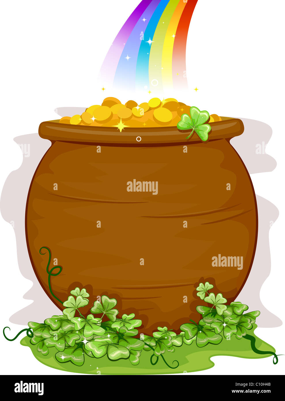 Ilustración de una olla de oro al final del arco iris de fondo Foto de stock