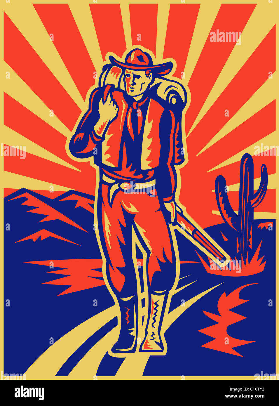 Ilustración de estilo retro de un vaquero llevar mochila y fusil caminando con las montañas del desierto y cactus en segundo plano. Foto de stock