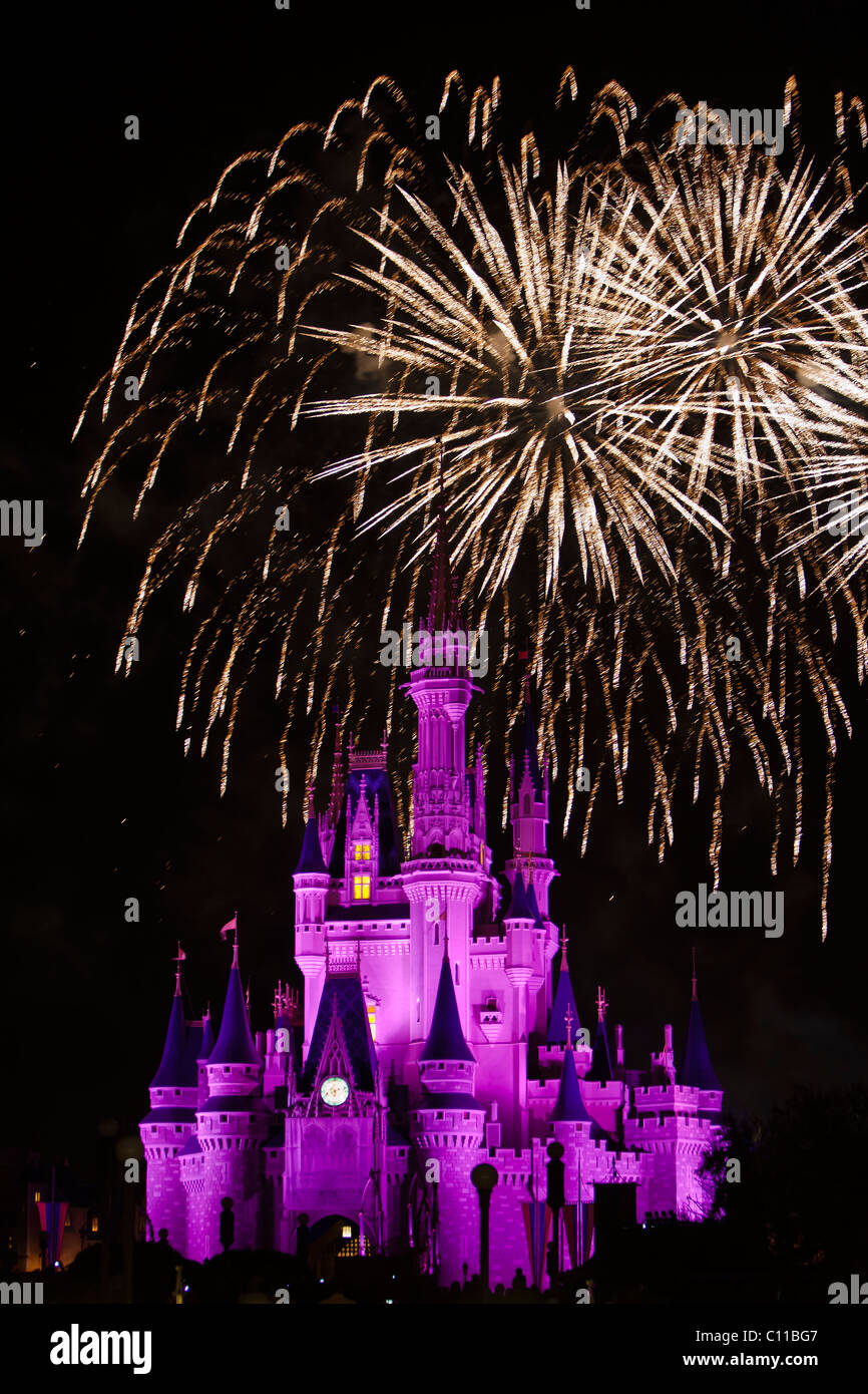 Fuegos artificiales sobre Cinderella Castle Magic Kingdom de Disney World Florida Foto de stock