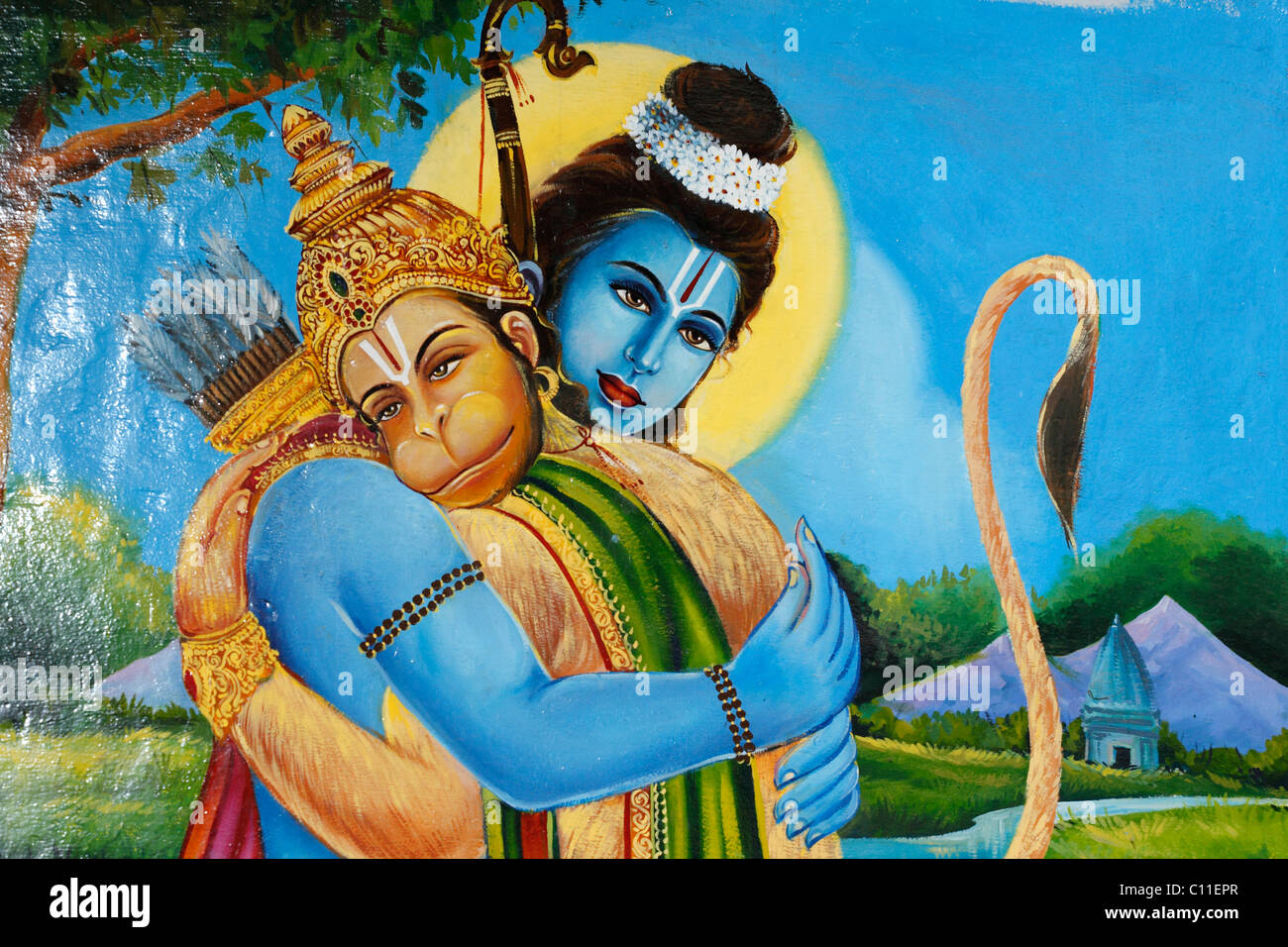 Pintura de Hanuman con el dios Rama, templo Srivilliputhur Andal, Tamilnadu, India del Sur, India, Asia Foto de stock