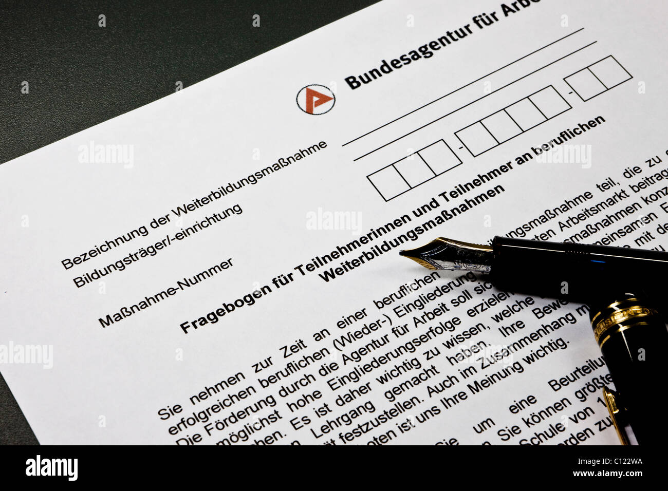 Cuestionario para la presentación a la Bundesagentur fuer Arbeit, Agencia Federal de Empleo alemana, Cuestionario para participantes Foto de stock