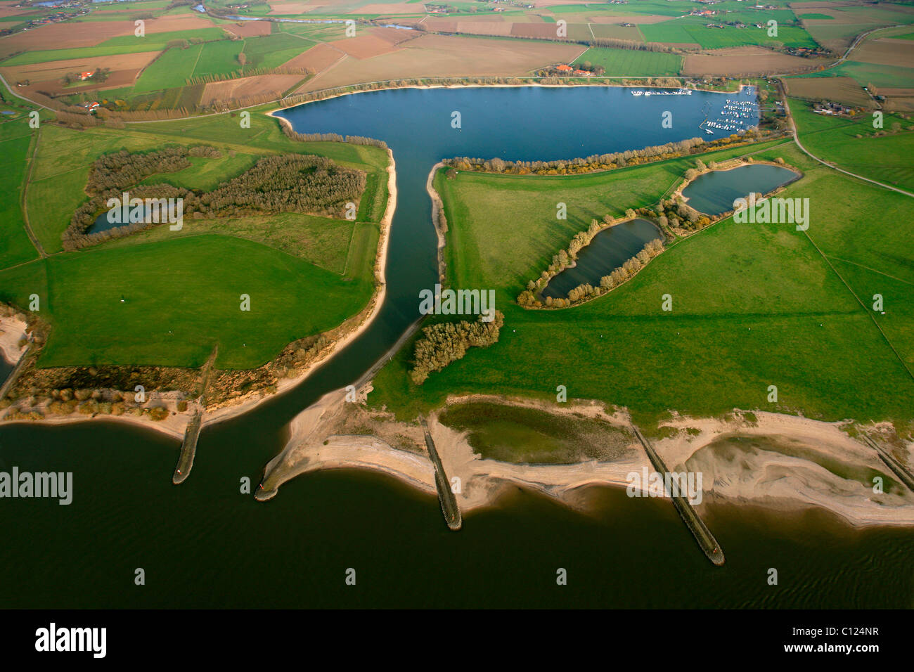 Vista aérea, Grietherort, Rin, Puerto Marina, Rees, región de Niederrhein, Renania del Norte-Westfalia, Alemania, Europa Foto de stock